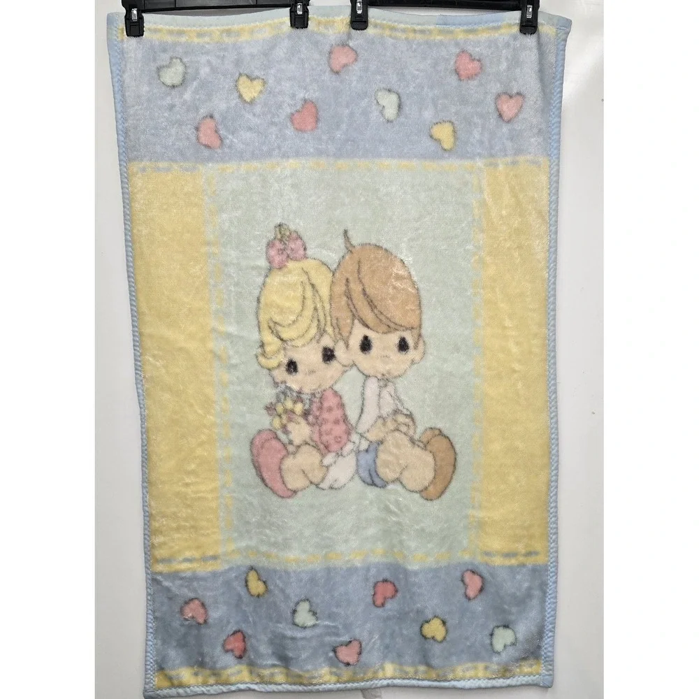 Vintage Precious Moments Girl Boy Hearts Throw Crib Soft Blanket 29